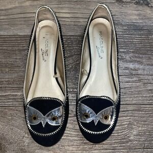 Madeline Stuart Black Gold Silver Flats With Owl Face,Size 7.5W